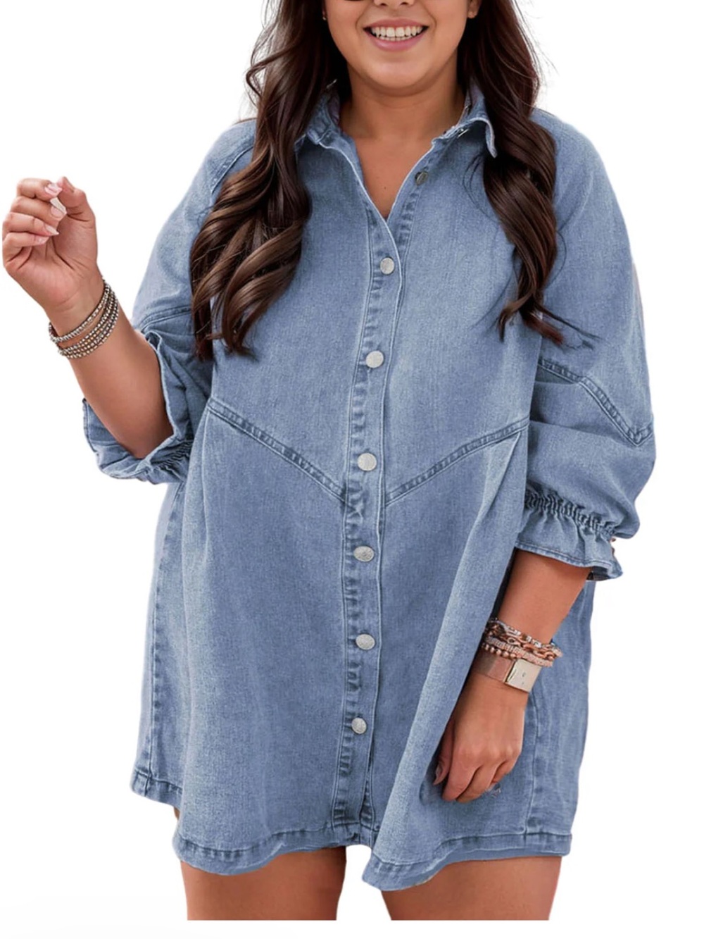 Ruffle Button-Front Denim Shirt Dress in Classic Blue